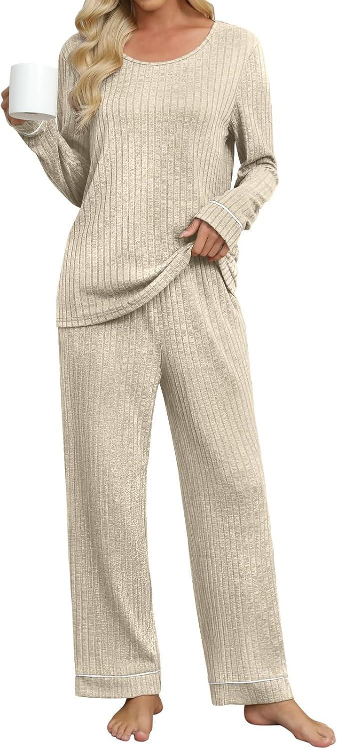 Womens Pajama Set 2 Piece Long Sleeve Ribbed Lounge Sleepwear Matching Set Pjs Outfit with Pockets - Image 2