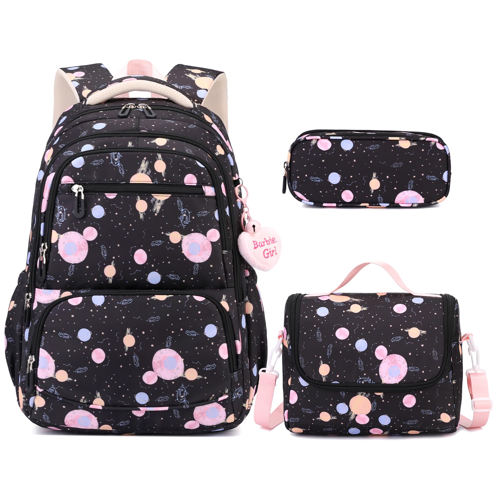 Tanou Schulrucksack Mädchen 3 Teilig, 3.-7. Klasse, 28L | Lässiger Schulranzen für Mädchen, Modischer Rucksack Teenager mit Lunchpaket Federmappe Niedlicher Anhänger, Schwarz