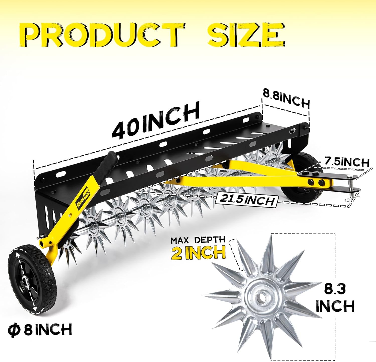 40-Inch Tow Behind Spike Aerator, Pull Behind Lawn Aerator with 10 Galvanized Steel Tines for Aerating Lawns, Soil Penetrator Spikes Tractor with Wheels, Extra-Wide Tow Bar for Garden & Farm