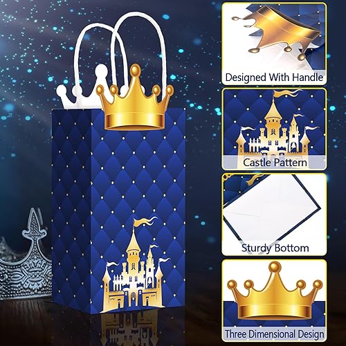 Miniatura 3 de Paquete de 16 bolsas de regalos de fiesta de príncipe, bolsas de regalo de corona con purpurina de príncipe con asas, papel kraft para regalo de