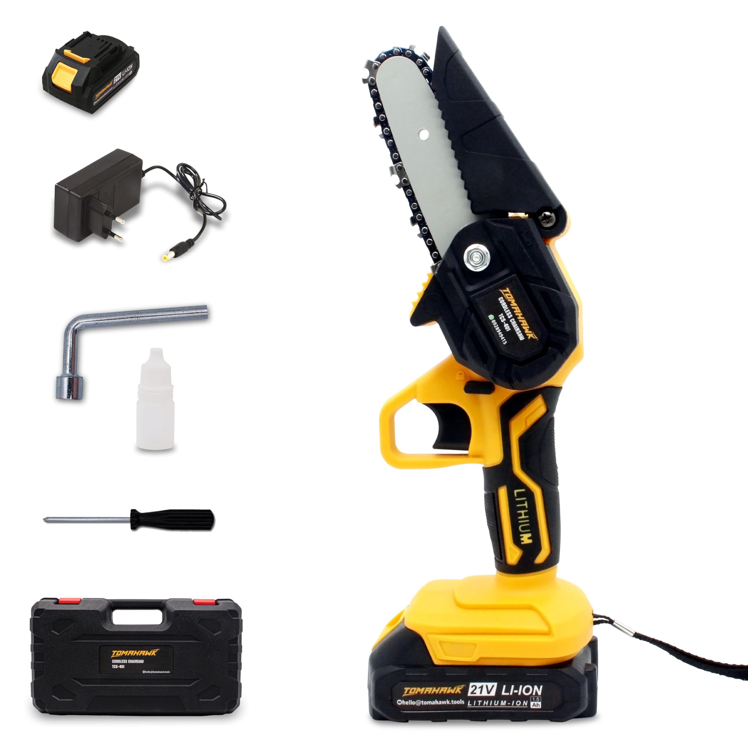 T8-A- 4 inch 20V Cordless Chainsaw – 2 Batteries Included- Handhel- Powerful Cutting - Compact Design - Dual Safety Switch - Wood Processing- Logging- Cutting - Pruning - Gardening