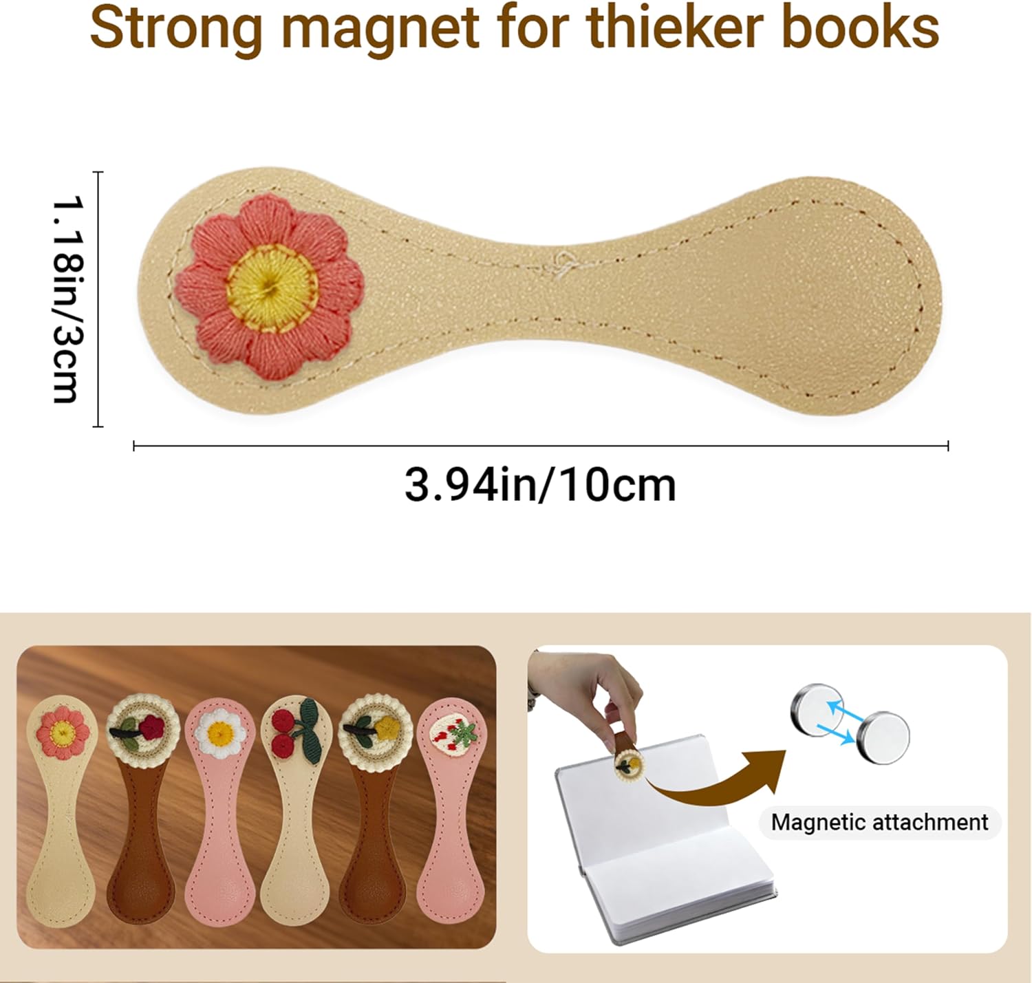 6Pcs Leather Magnetic Bookmarks, Embroidery Page Markers for Reading image 2