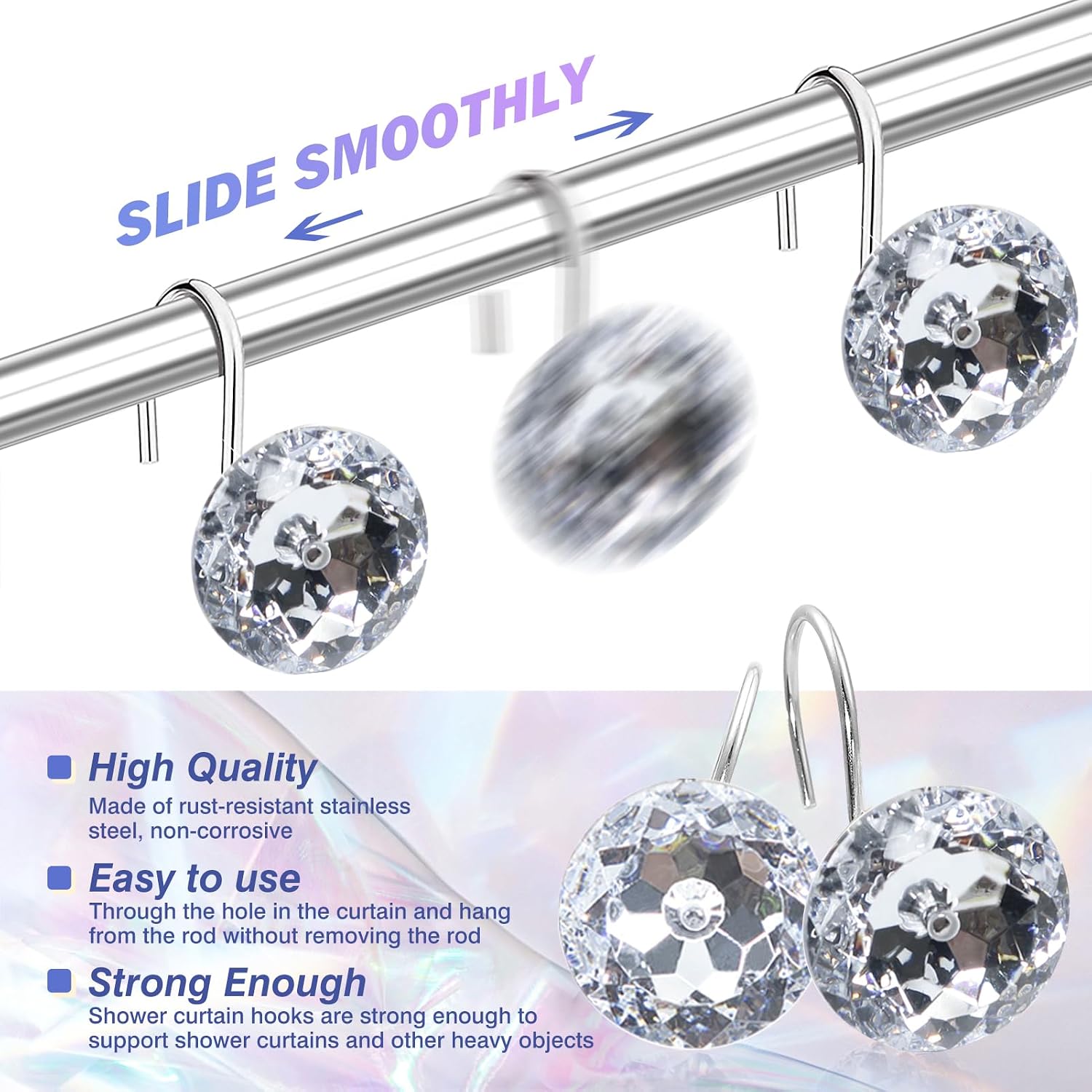 TOAOB 12pcs Round Curtain Hooks Rings Stainless Steel Rhinestone Decorative Rust Proof Shower Rod Hangers Decorative Shower Curtain Hooks for Bathroom Curtain Accessories image 3