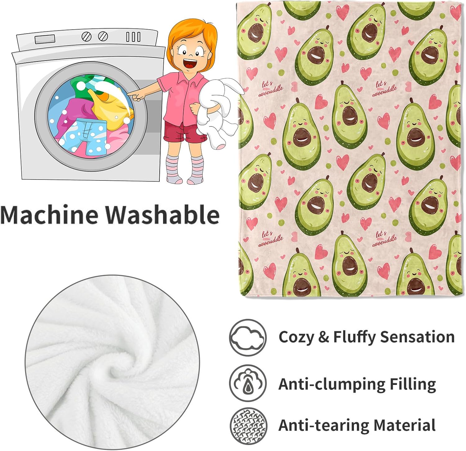 Cute Avocado Blanket Adorable Fruit with Heart Fun Pink Throw Blankets,Birthday Gifts for Kids,Lightweight Soft Fleece for Sofa Couch Bed Room Travel Modern Decor 50x60in - Image 4