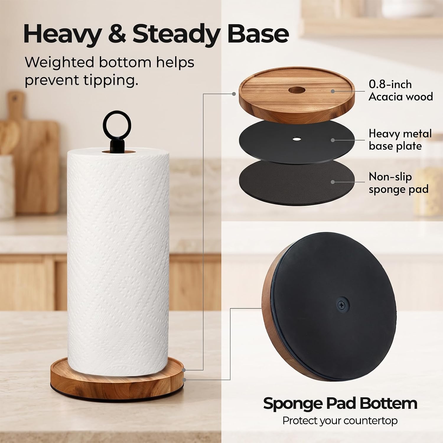 WILDMOS Paper Towel Holder Countertop, Solid Acacia Wood with Thick Metal Base, Black Freestanding Paper Towel Holder Stand for Farmhouse Kitchen