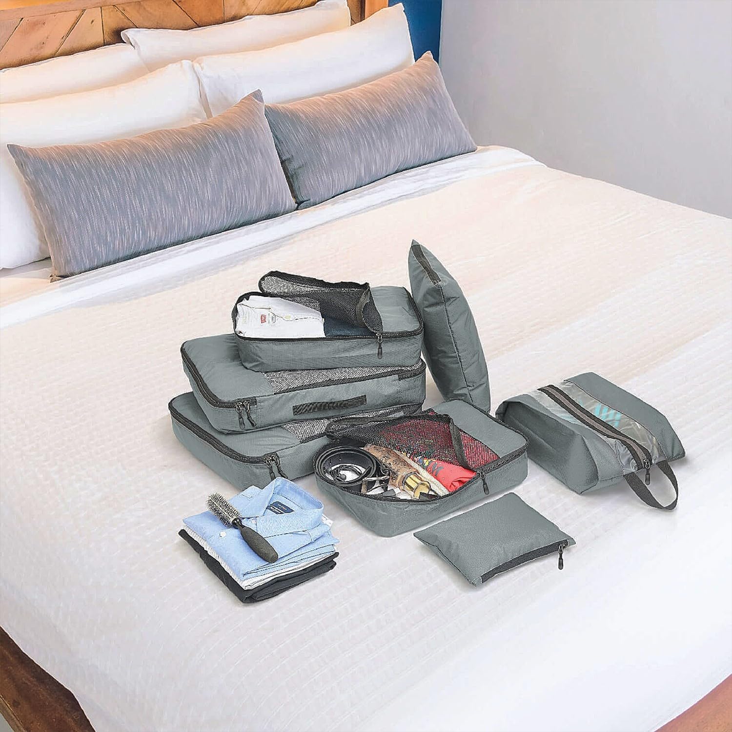 FATMUG Packing Cubes Travel Bag Organiser Set of 7 (2 L, 2 M, Shoe pouch, Laundry Bag & pouch)-Multi, Grey, Travel Accessories image 4