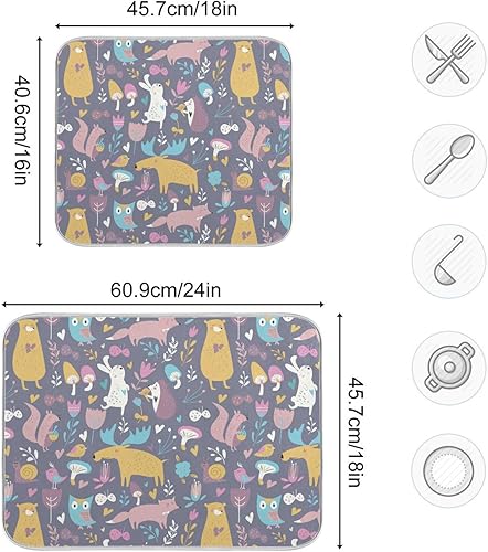 Miniatura 2 de Cute Forest Animals Drying Dish Mat Washnable Absorbent Dish Draining Mat For Kitchen Counter Dish Drainer Pads Tapete Para Cocina 16'' x 18''