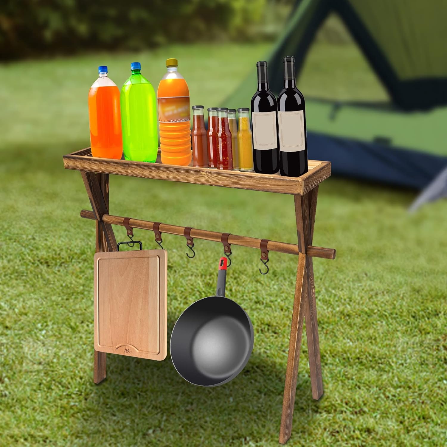Wooden Portable Picnic Rack, Lightweight Portable Beechwood Outdoor Shelf/Rack for Storage,Outdoor Kitchen, RV for Picnic, BBQ, Home Storage