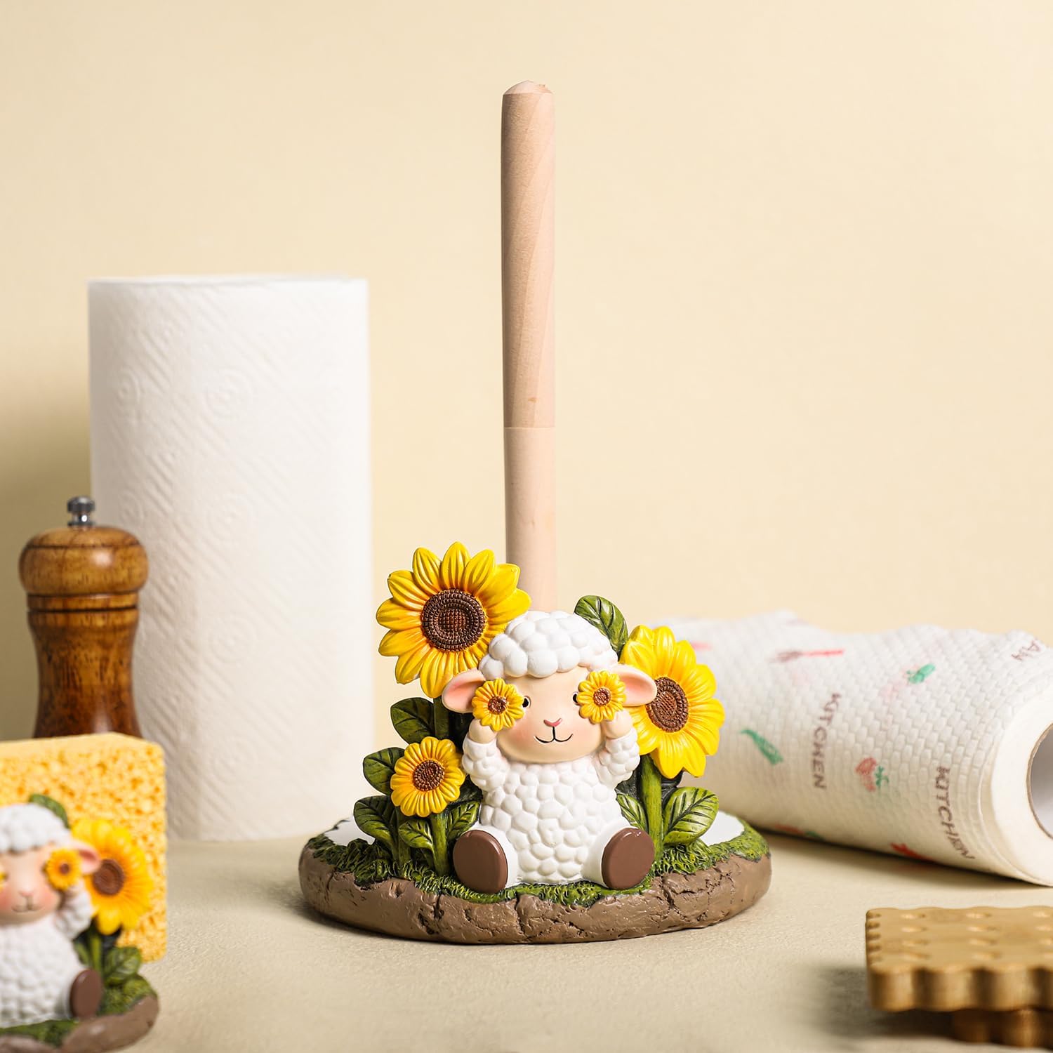 WAIT FLY Sheep and Sunflower Paper Towel Holder Stand Resin Tissue Stand Roll Holder for Kitchen Countertop Restaurant Cafe