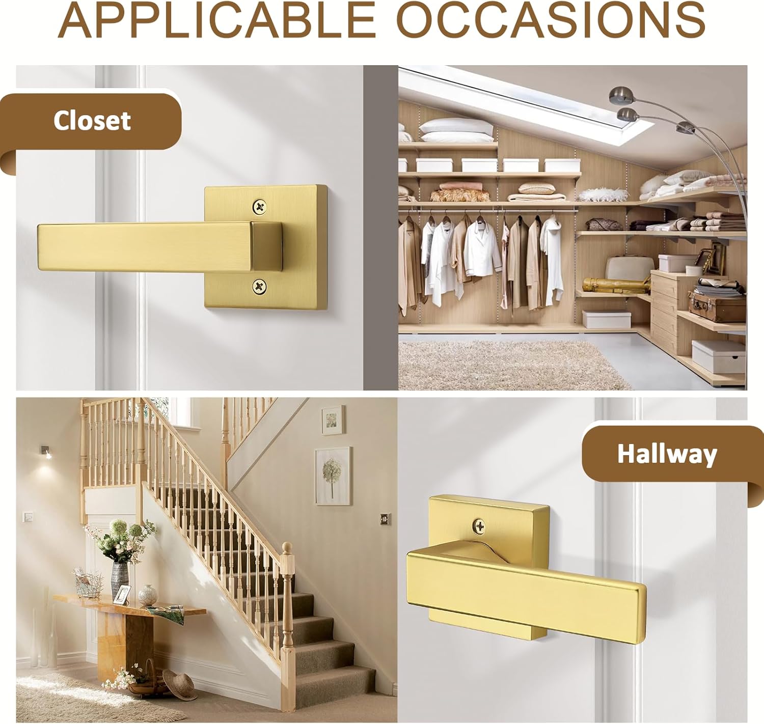 Probrico 6 Pack Gold Dummy Door Handles,Modern Closet Door Knobs,Heavy Duty Interior Non-Turning Handle Reversible for Right & Left Handed Side