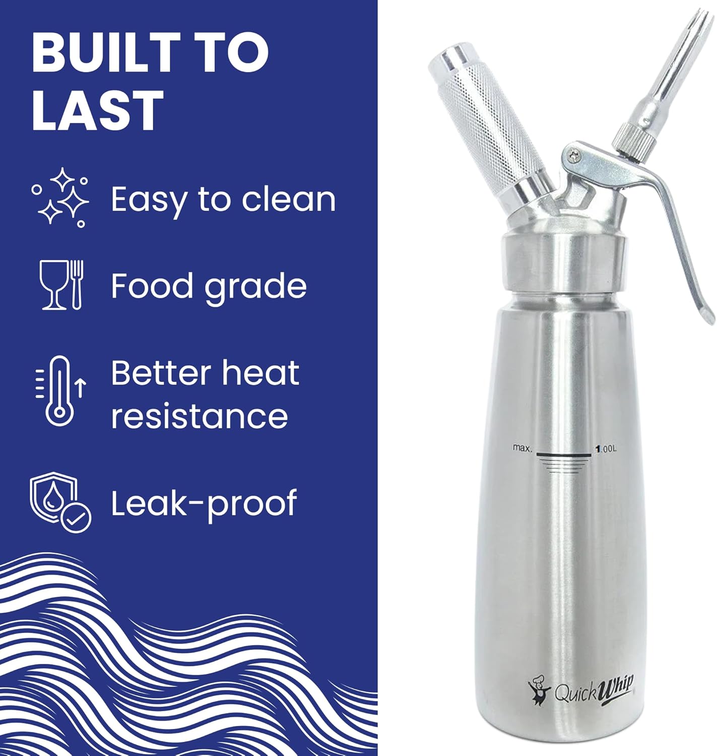 Stainless Steel Whipped Cream Dispenser, Professional Grade Whipper, Full Canister, with 3 Decorating Tip Nozzels, Ideal for Baking, Desserts, & Culinary Creations (1L)