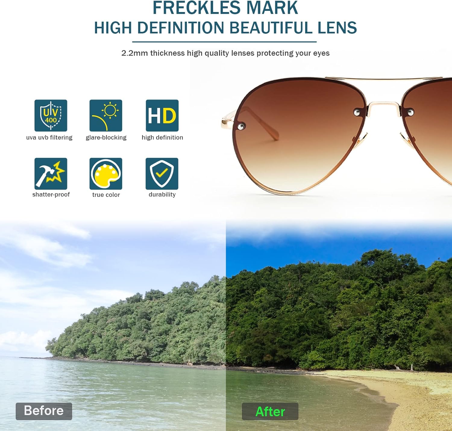 Freckles Mark Classic Oversized Aviator Sunglasses Vintage Retro Gold Metal Frame Clear Colorful Lenses 62mm - Image 5