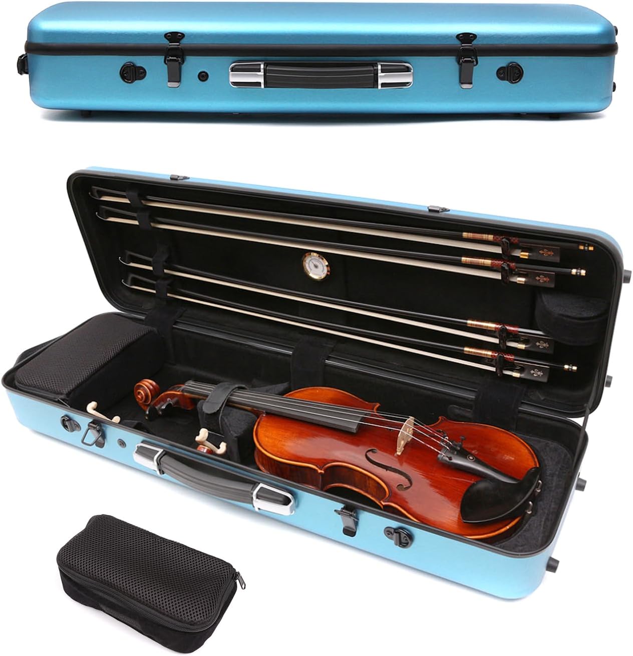 4/4 Full Size Carbon Fiber Rectangular Violin Case With Code Lock, Lightweight Colorful Box, Strong Strap (Blue), Case-46 MN