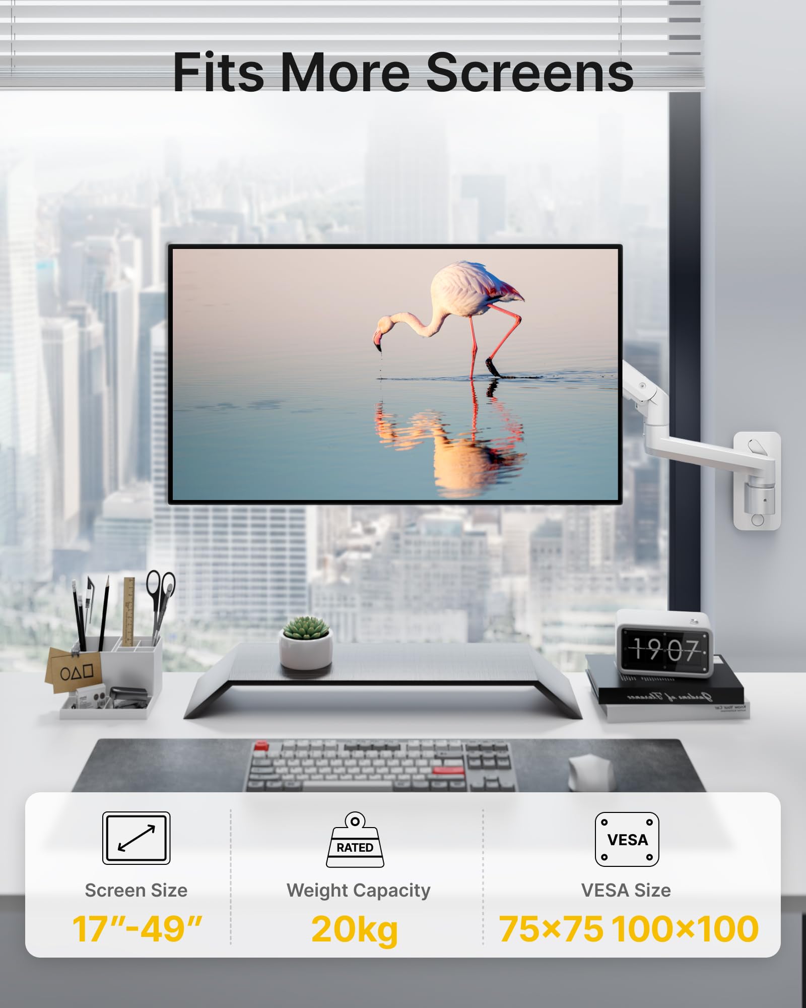 monTEK Supporto da parete per monitor ultra largo per schermi da 17 a 49 pollici, resistente supporto per monitor singolo fino a 20 kg, braccio per monitor completamente regolabile con molla a gas