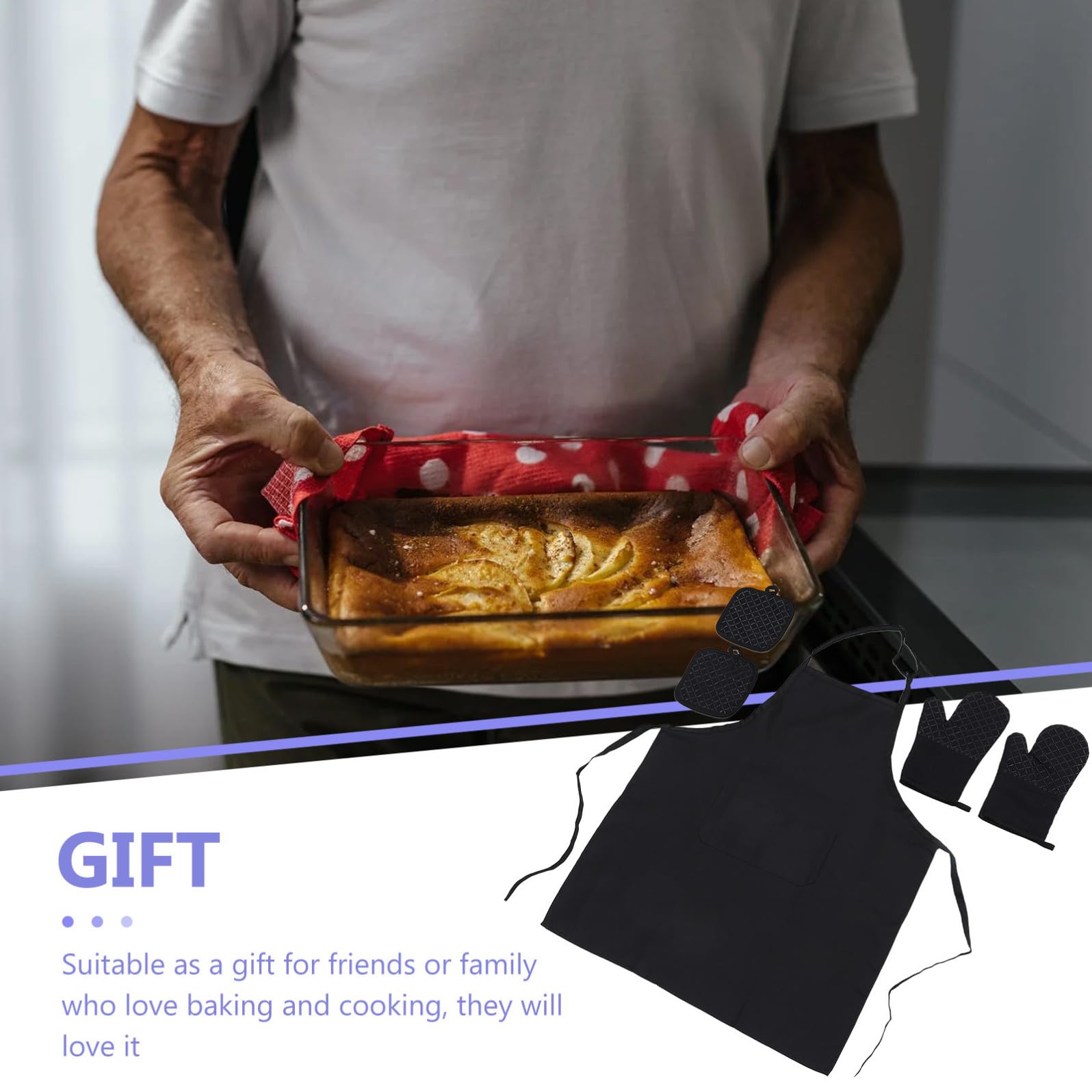 Set da Cucina Presine Antiscivolo 5 Pezzi in Cotone e Silicone Grembiule Regolabile, Guanti da Forno Resistenti al Calore per Cucinare e Cuocere al Forno