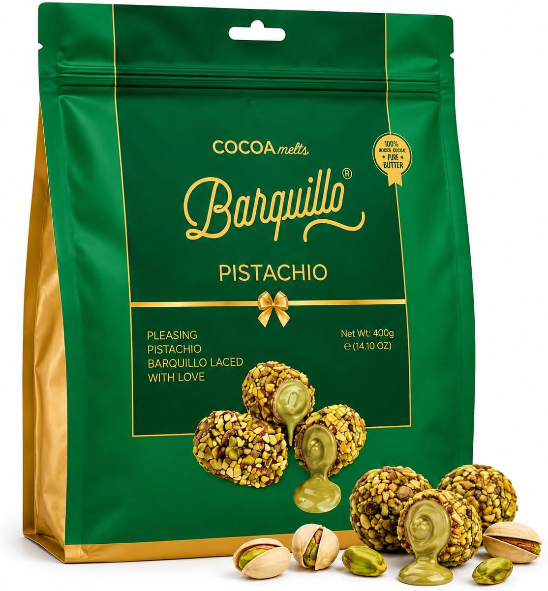Barquillo Premium Pistachio Coated Chocolate Pouch -20 Pcs (400 gm) | Pista Cream Filled Biscuit Roll imported | Dubai couverture taste | Festive Gift Pack Celebration specially for Festivals.