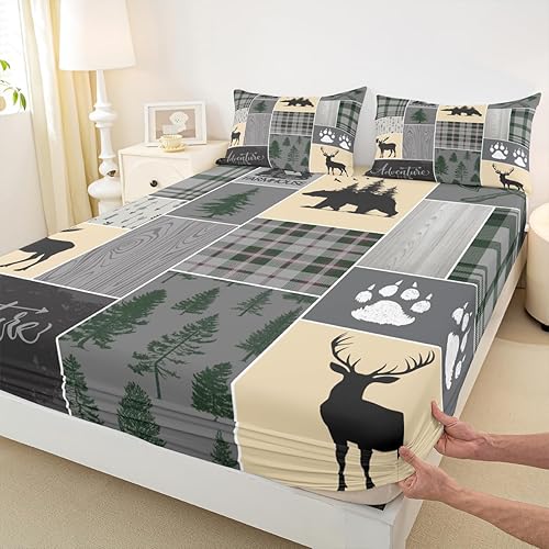 Miniatura 274 de Sábana bajera ajustable de oso de caza, juego de ropa de cama a cuadros de búfalo, sábanas de retazos de cabaña rústica para niños, niños, Multi