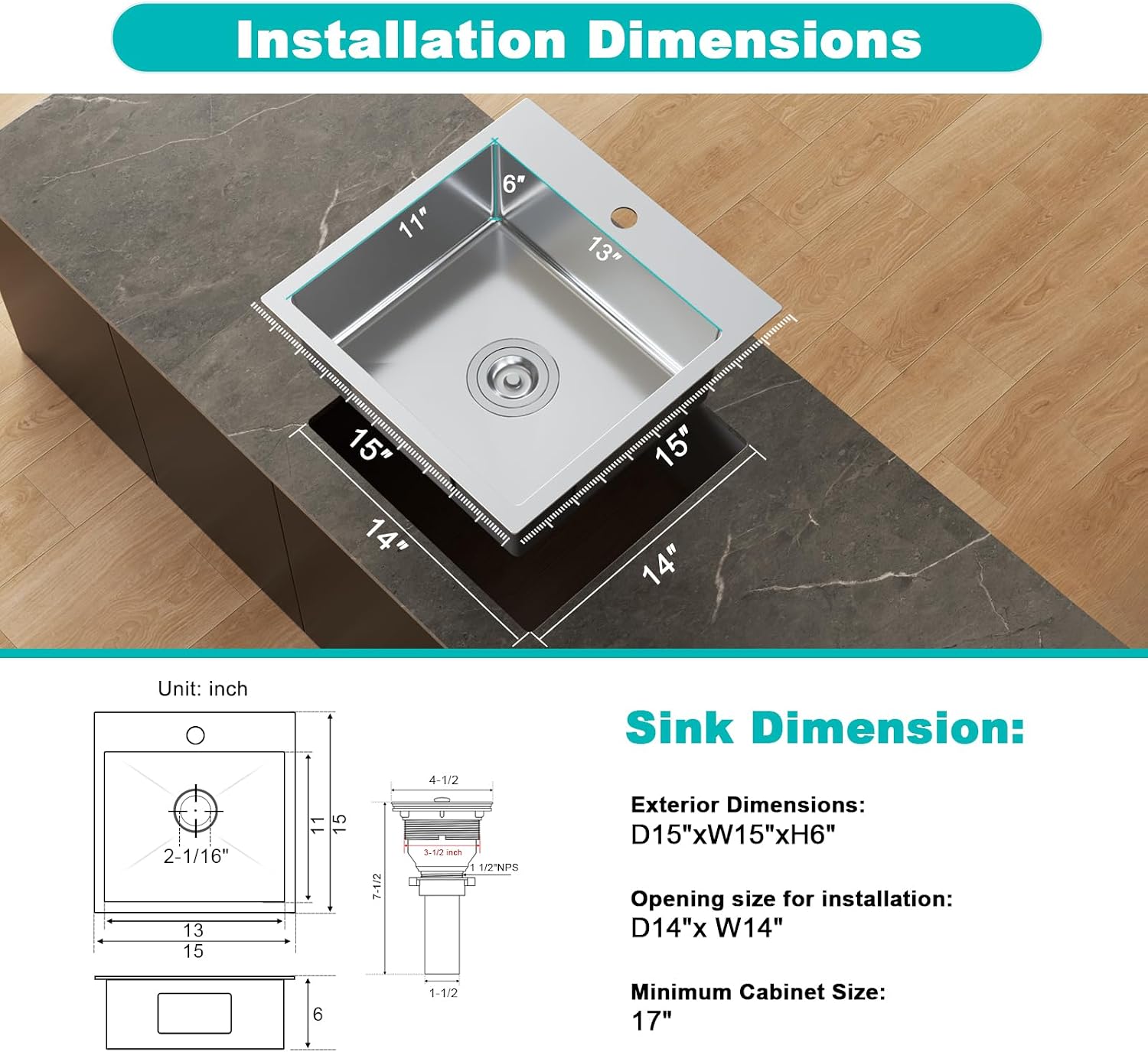 15 Inch Drop in Single Bowl Kitchen Sink 304 Stainless Steel | 15" x 15" Topmount Bar Sink Brushed, 6 inch Deep Basin Perfect for Mini Bar, Compact Kitchen & RV