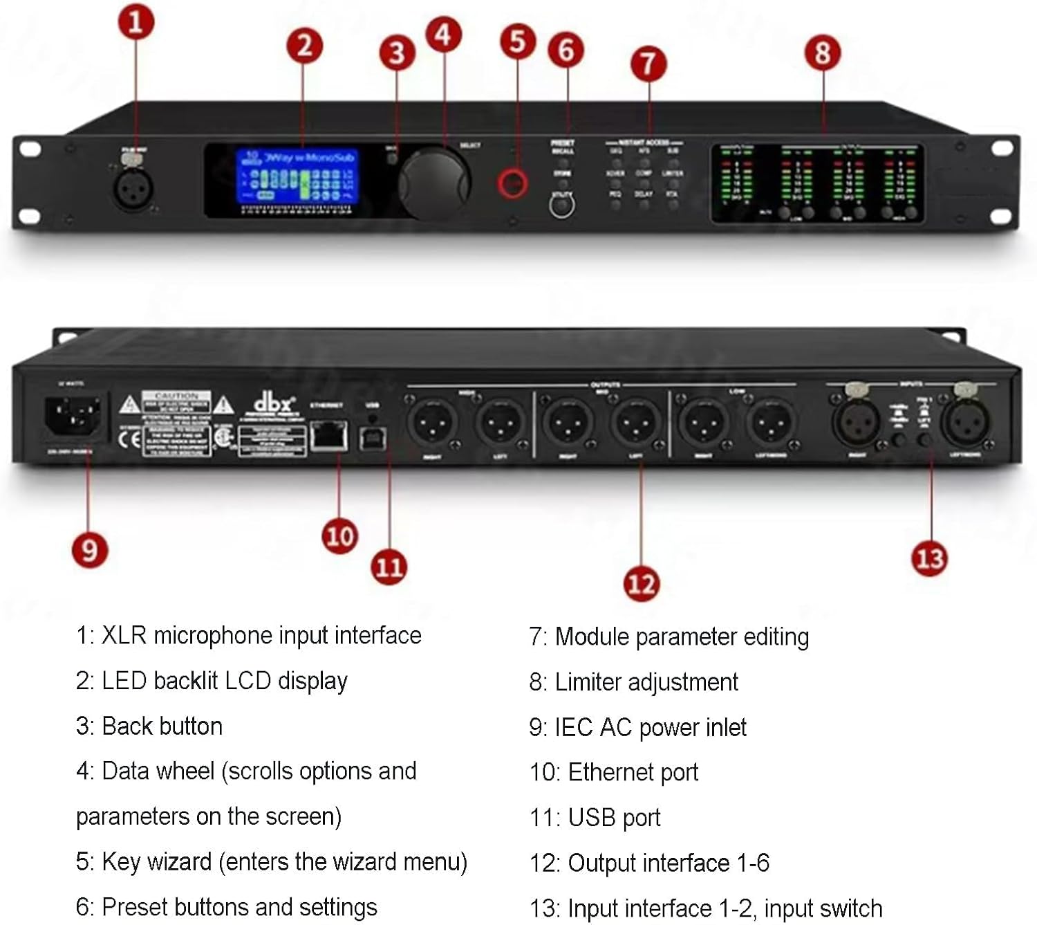 2 in 6 Out Professional Digital Audio Processor, Power Amplifier and Effector, with LED Backlit Display, Built-in Speaker Frequency Division, Can Set Via a PC, for DJ Studio, Live Performance