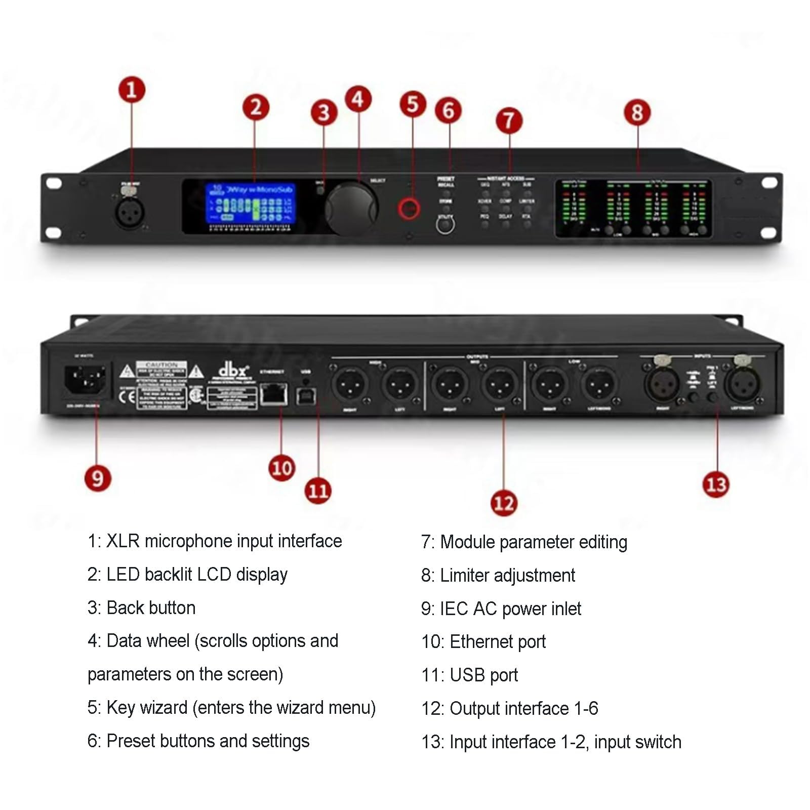 Procesador de audio digital profesional, amplificador de potencia y efector con pantalla LED retroiluminada y altavoz integrado para estudio de DJ y actuaciones en vivo