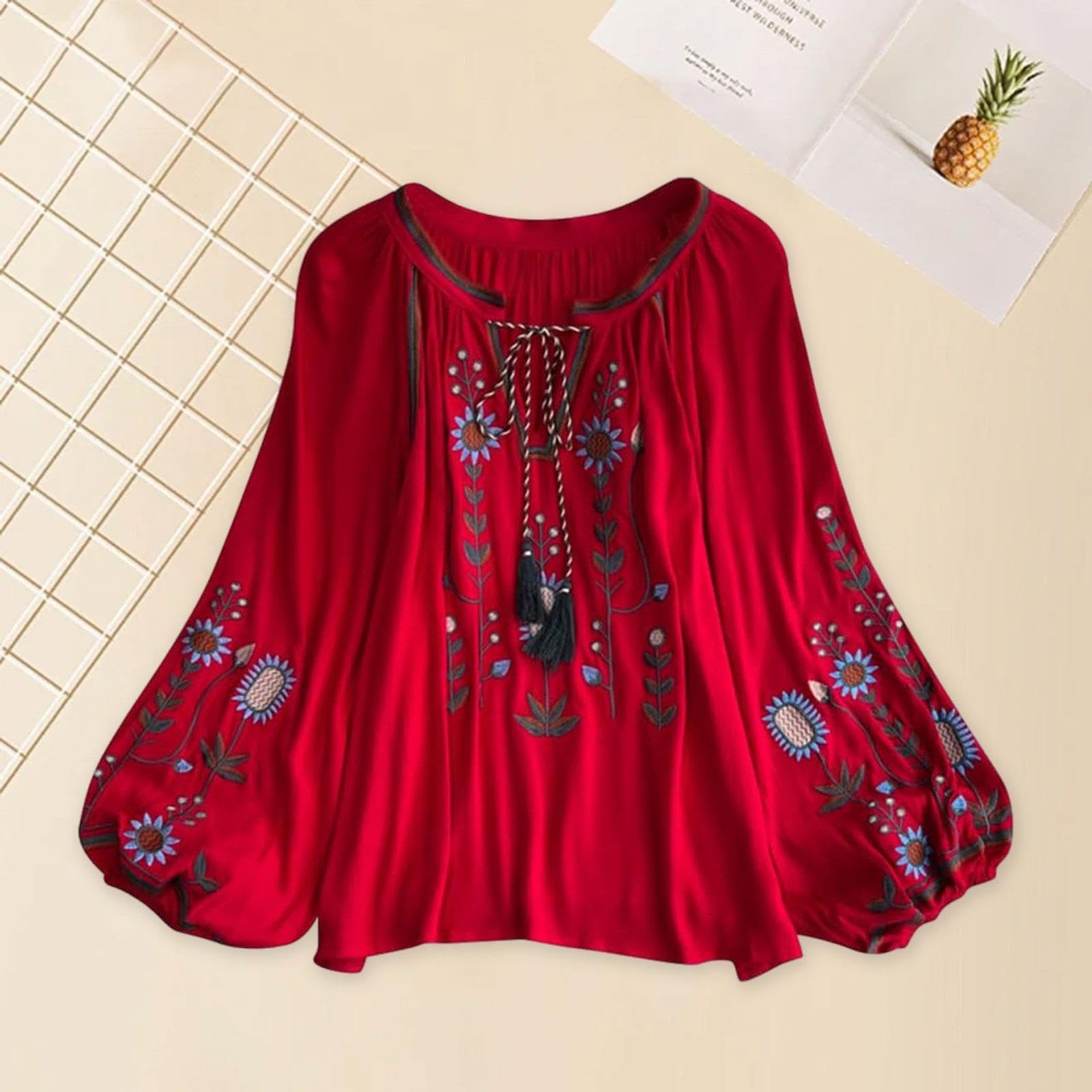 Camicetta Ricamata Da Donna con Scollo a V, Casual E con Nappine, Stile