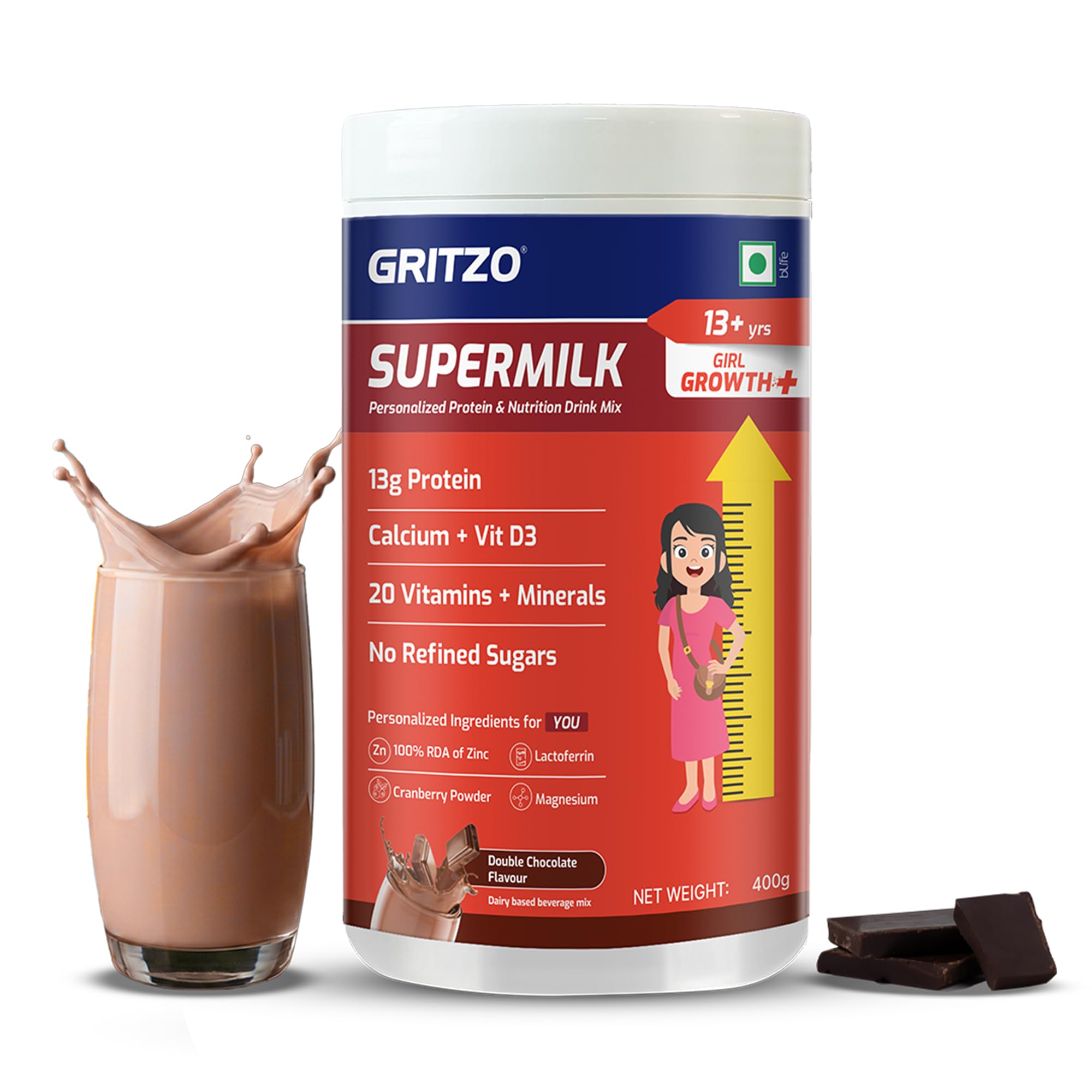 Gritzo SuperMilk Height+ (13+y Girls), 13g Protein Powder (Double Chocolate, 400g) | Zero Refined Sugar, 21 Vitamins & Minerals-picture-0