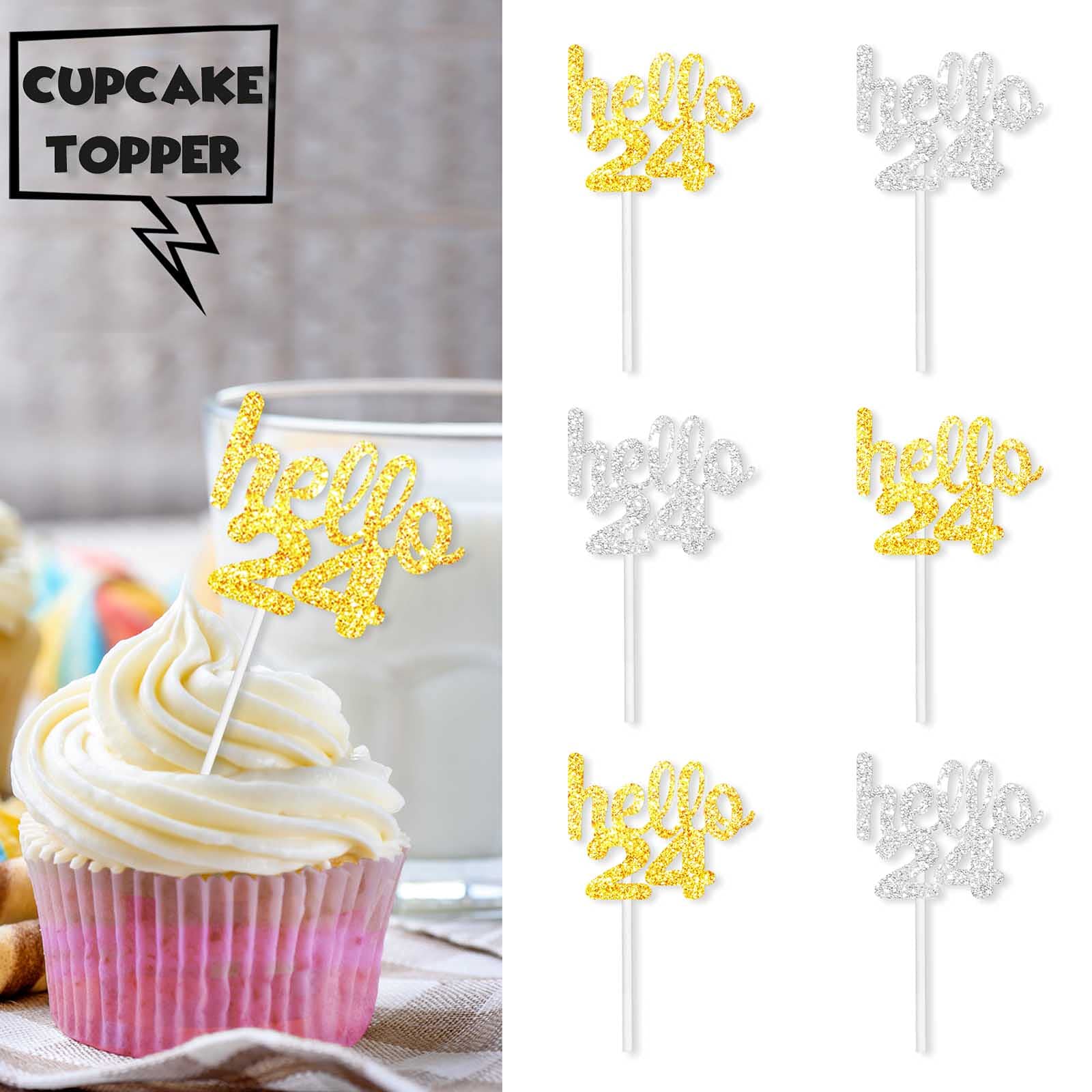 18PCS Hello 24 Cupcake Topper Picks for Birthday Party Cheer to 24 Days Months Years Theme Party Decoration Supplies Celebrating 24th Happy Birthday Decor Gold silver Glitter
