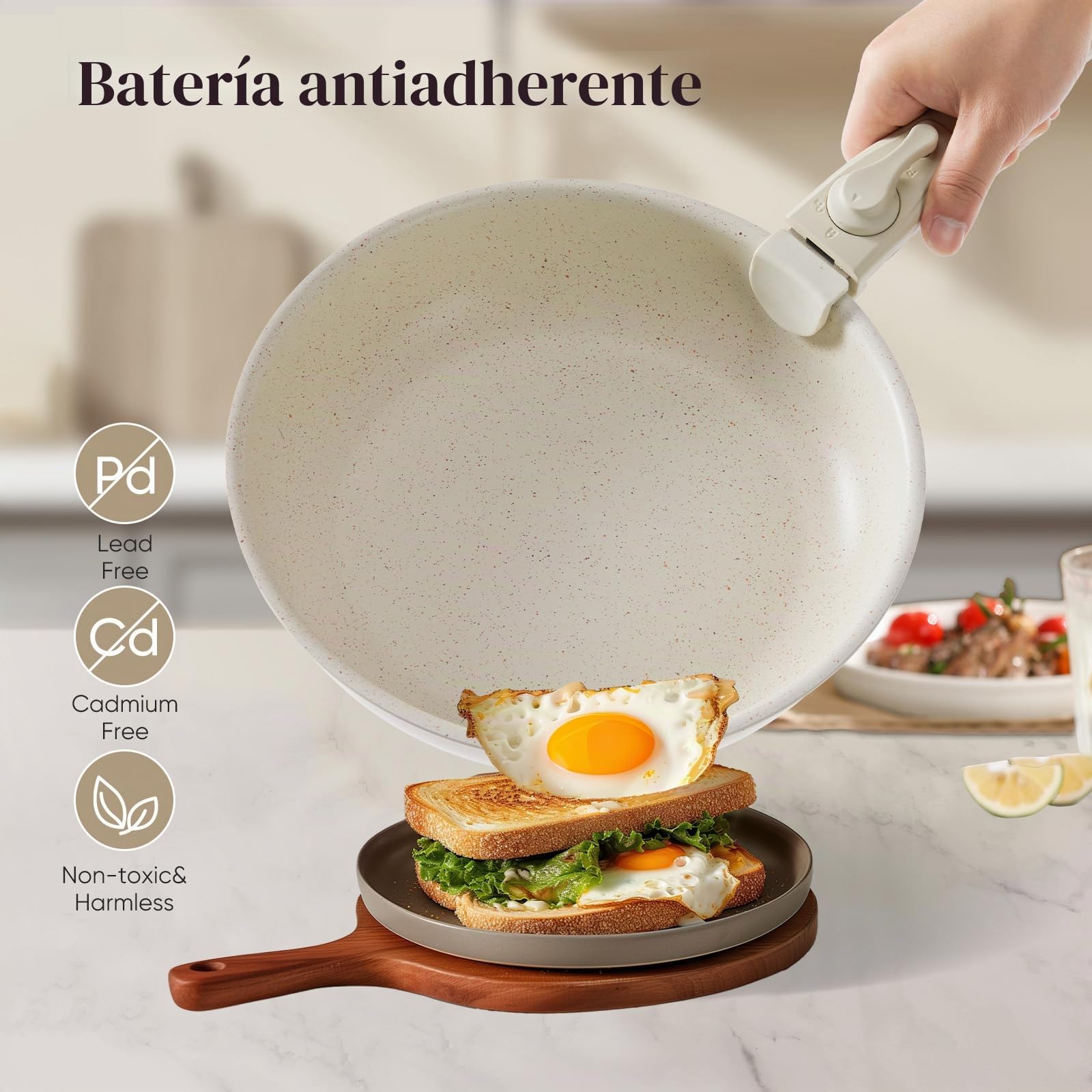 JHK Juego de 12 ollas y sartenes, juego de utensilios de cocina antiadherentes con mango desmontable, utensilios de cocina para tus necesidades de cocina en casa, beige