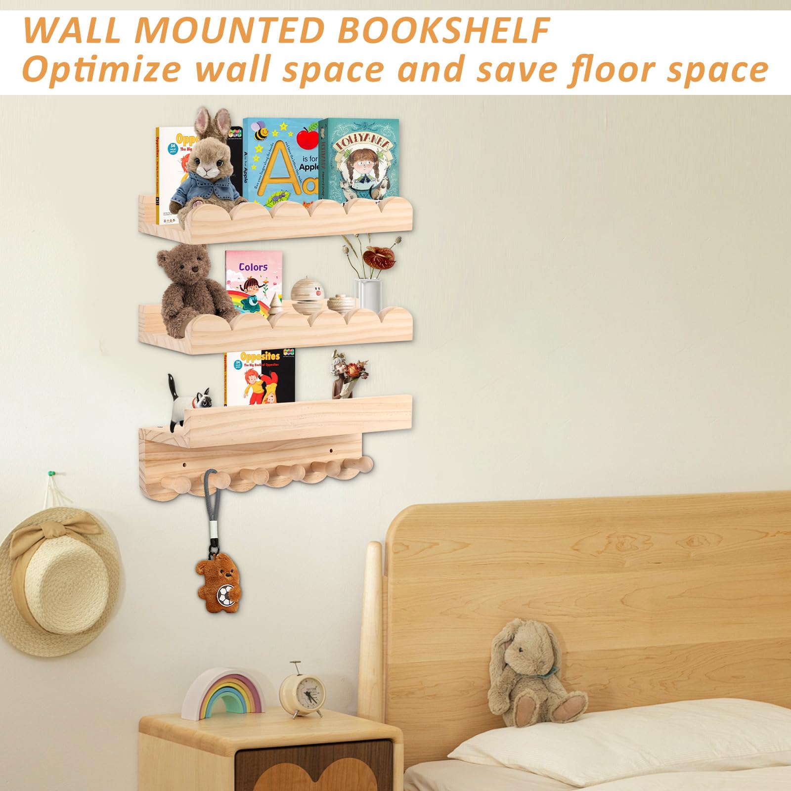 Rainmae Estantería para niños, juego de 3 unidades, 40 cm, para habitación infantil, con ganchos de madera, ideal para libros y juguetes, 100% madera