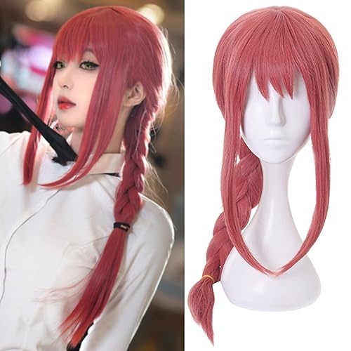 JoneTing Peluca larga de trenza rosa (+ gorra de peluca), peluca de anime rosa para cosplay, pelucas largas de trenza con flequillo, pelucas de