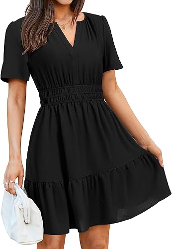 Womens Casual Summer Dresses 2026 V Neck Short Sleeve Empire Waist Flowy A Line Ruffle Tiered Mini Sundress