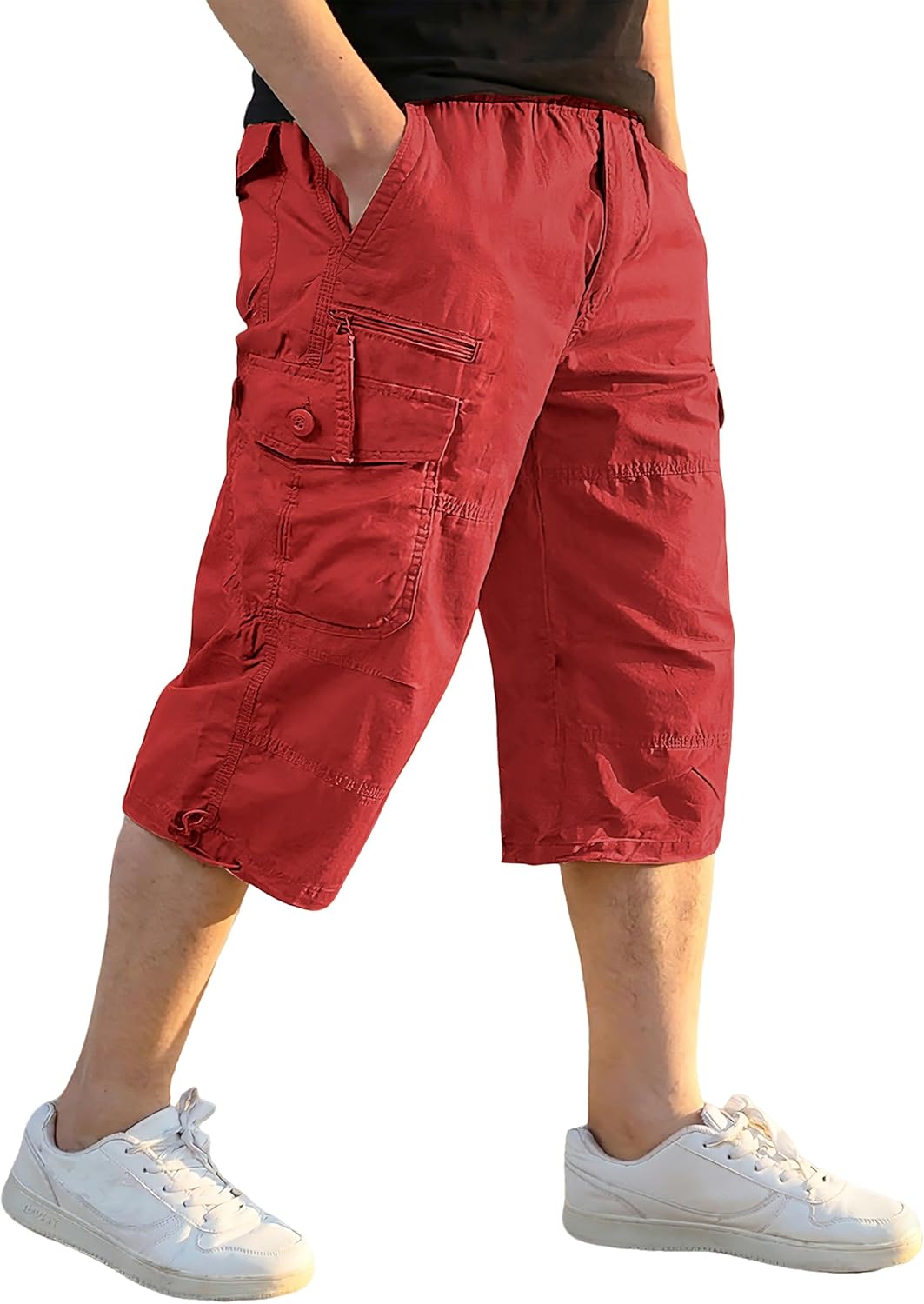 EKLENTSON Men's Cargo Shorts Casual Twill Elastic 3/4 Capri Pants Below Knee Long Shorts with 7 Pockets