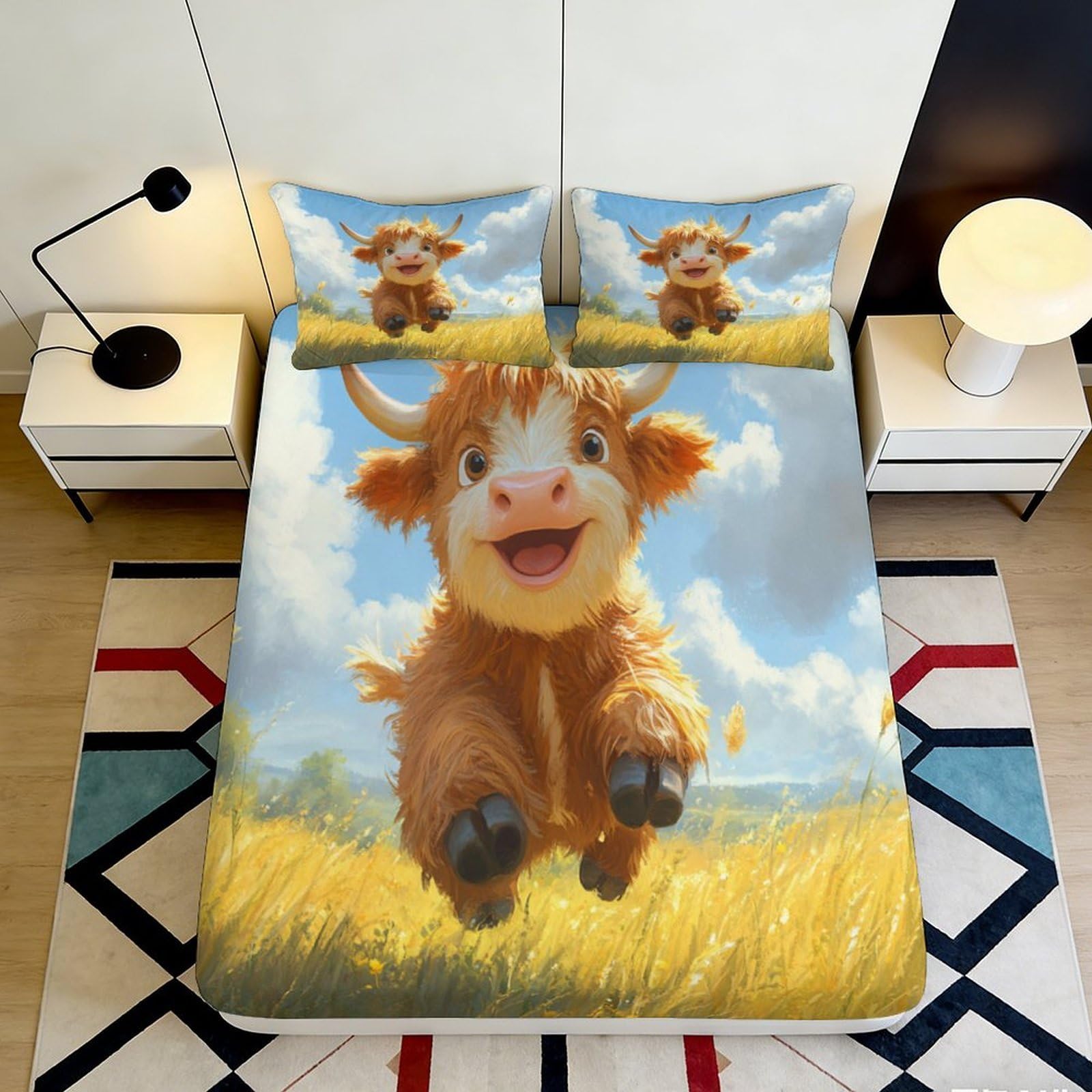 3D Printed Cute Highland Cow Fitted Sheet Microfiber Soft Durable Adorable Calf Bed Cover for Bedroom Dormitory Guest Room Mattress Protection 90x200x25cm