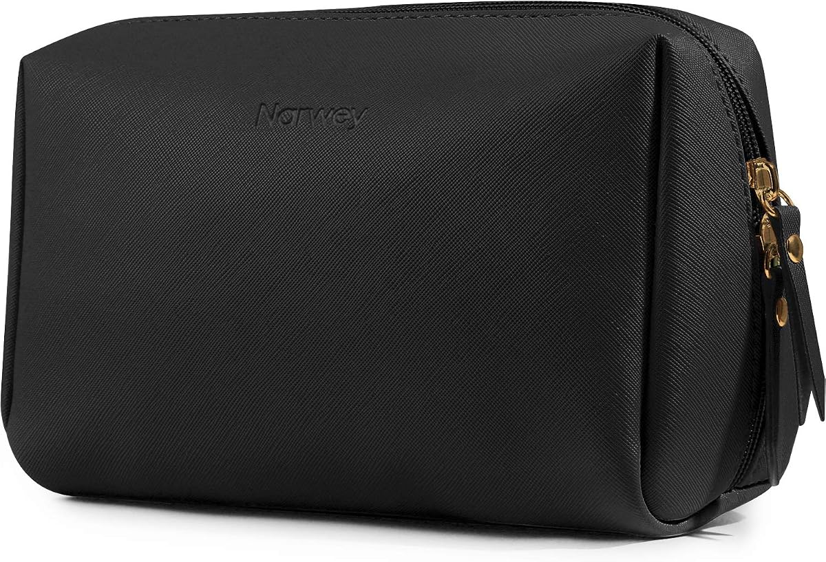 Bolsa de maquillaje de cuero vegano, bolsa de cosméticos de viaje, organizador de artículos de tocador, bolsa de maquillaje con compartimentos para mujeres y niñas (grande, negro)