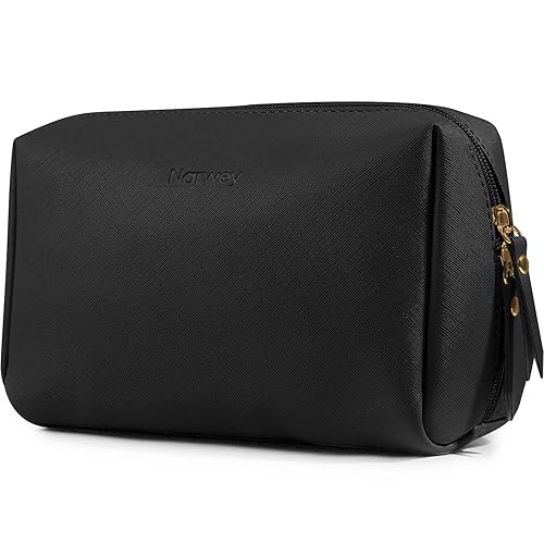 Miniatura 8 de Narwey Bolsa grande de maquillaje de cuero vegano con cremallera, organizador de cosméticos de viaje para mujeres (grande, WX-negro)