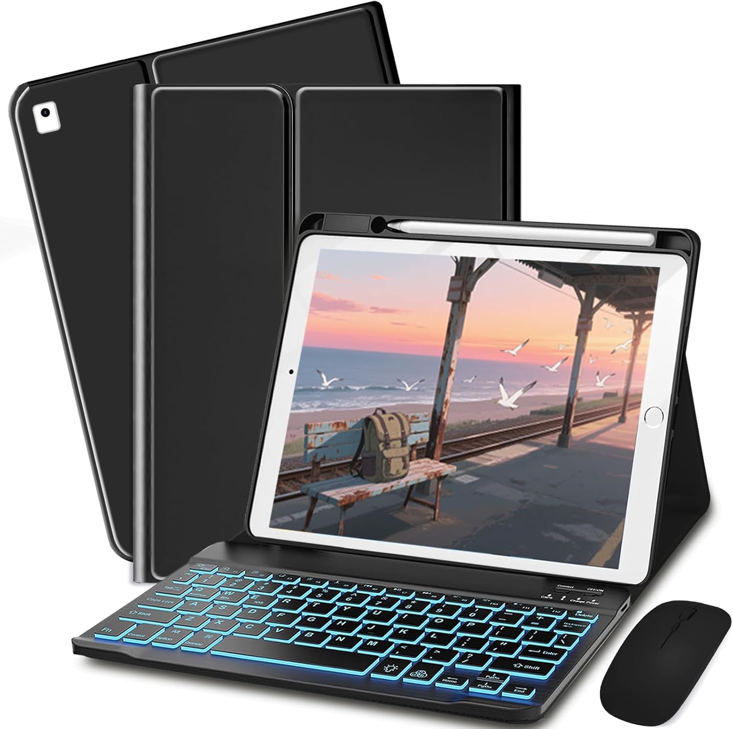 keyboard case for ipad 9th / 8th / 7th gen 10.2 inch/air 3rd / pro 10.5 inch - 7 colors backlit keyboard cover with pencil holder and mouse (black)