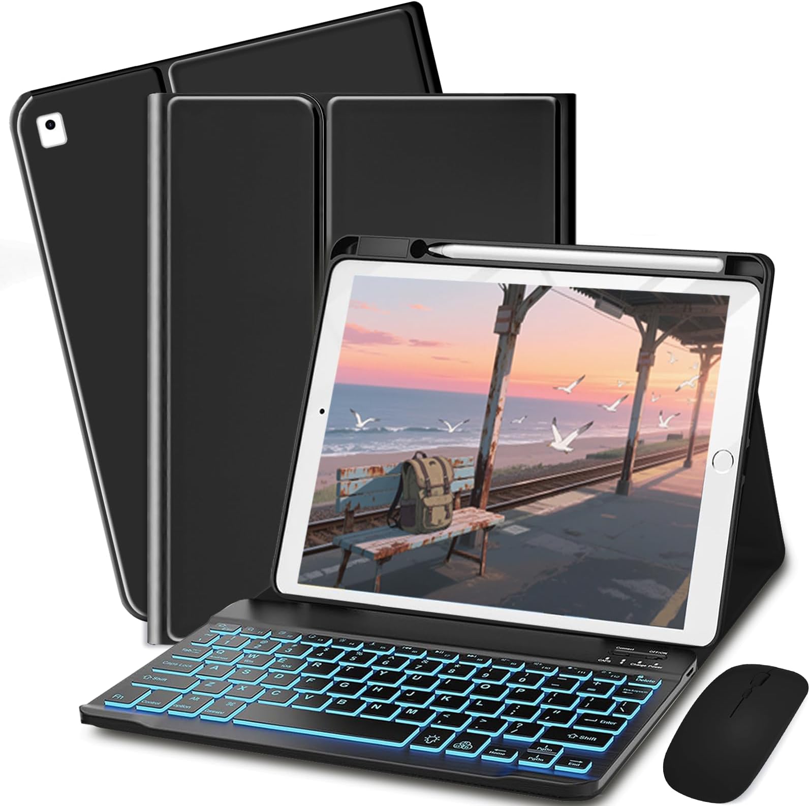 Keyboard Case for iPad 9th / 8th / 7th Gen 10.2 inch/Air 3rd / Pro 10.5 inch - 7 Colors Backlit Keyboard Cover with Pencil Holder and Mouse (Black)
