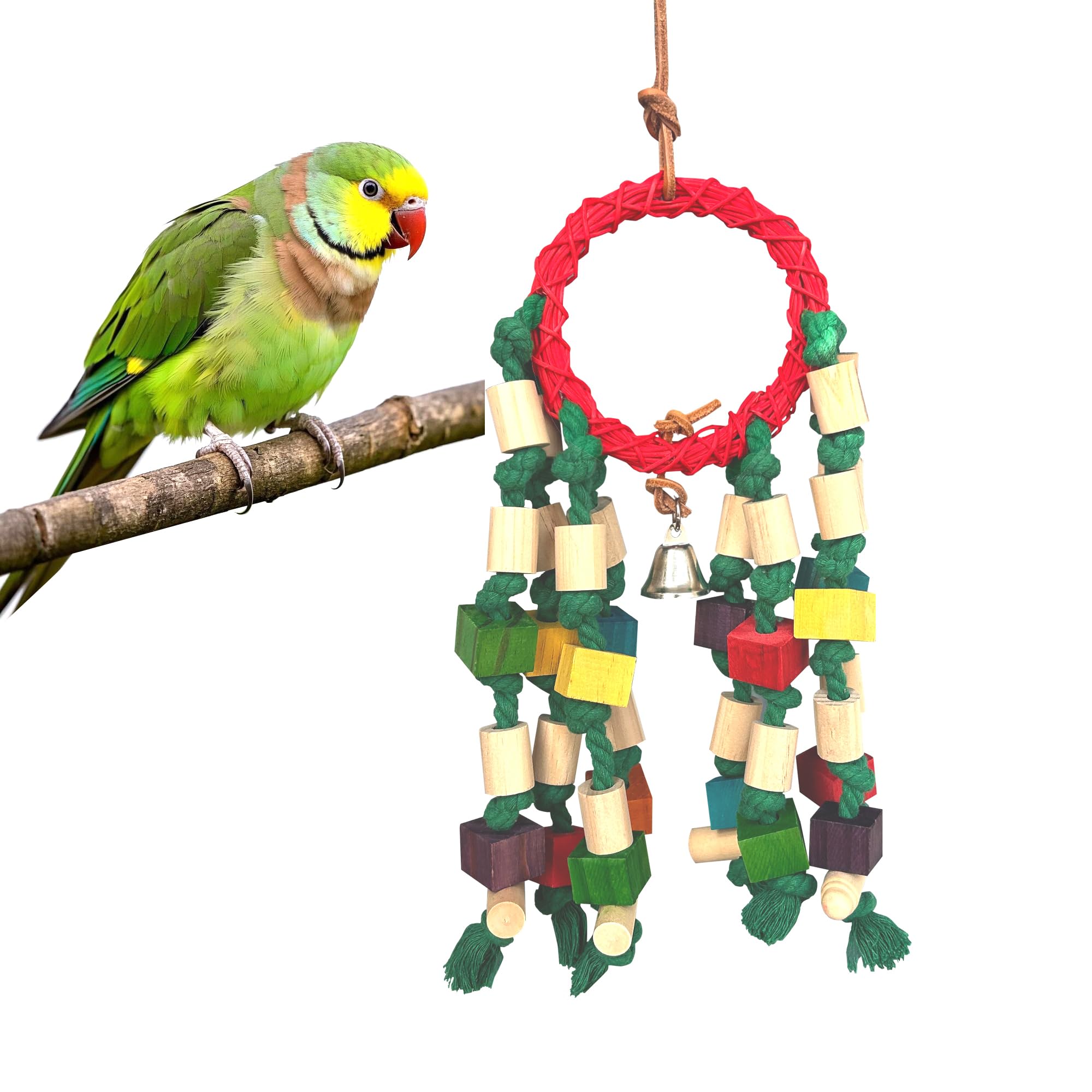 LUCKITTY 18in Natural Parrot Toys for Small & Medium Birds- Chew Toys with Rattan Ring, Cotton Rope & Wood Blocks, Colorful Eco Cage Accessories for Budgies, Cockatiels, Lovebirds, Conures