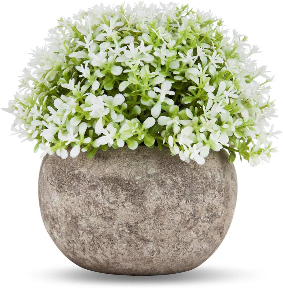 Tebrun Artificial Potted Plants Mini Plastic Fake Plants Faux Flowers with Gray Pots for Home Decor