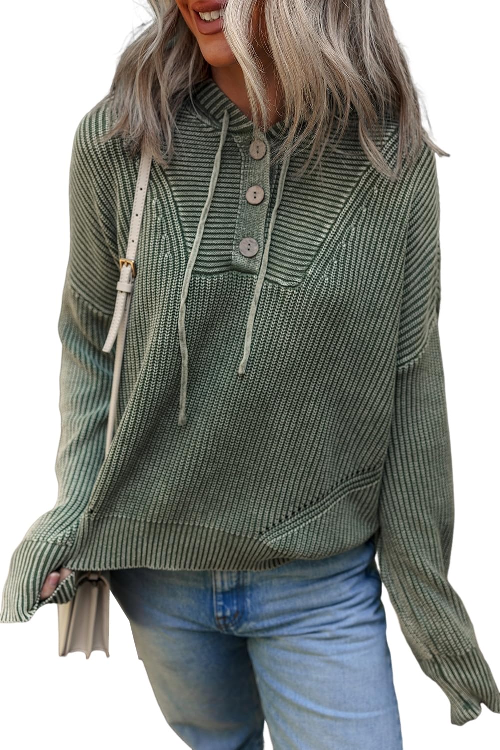 SELINK Womens Casual Mineral Wash Ribbed Knit Pullover Sweater Button Drawstring Neck Hooded Long Sleeve Daily Sweater