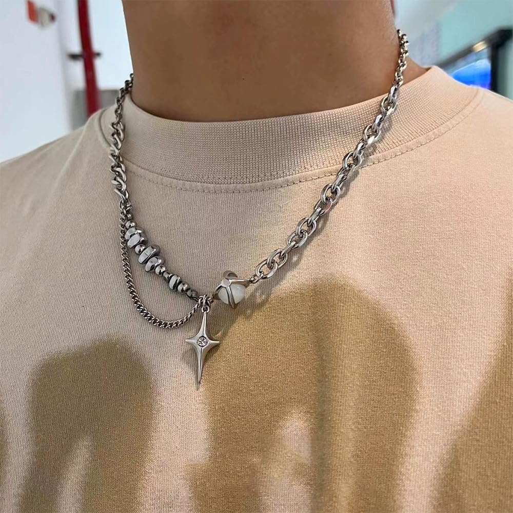 Generico Collana con ciondolo a stella irregolare, collana in acciaio inossidabile con stella argentata e pietra di luna, regalo personalizzato per uomo e donna