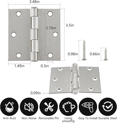 Miniatura 9 de HOME MASTER HARDWARE Bisagras de puerta de 3.5 pulgadas x 3.5 pulgadas, bisagras de puerta para interior residencial para dormitorio, con esquina de