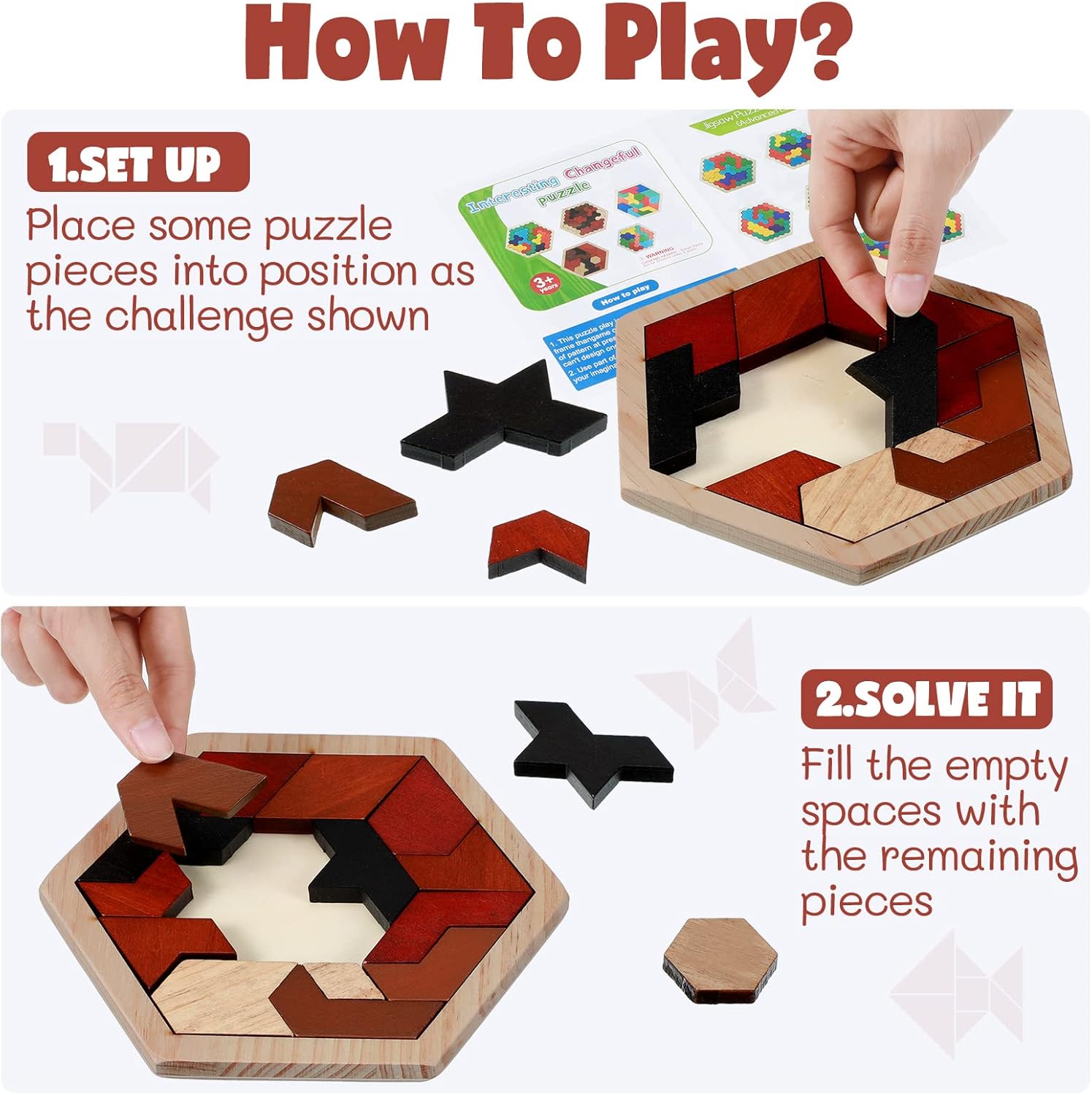 Yunsailing 3 Pack Large Hexagon Tangram Puzzle Wooden Brain Puzzles for Adult Challenge Wood Russian Blocks Brain Teasers Geometric Jigsaw Block Logic Iq Stem Family Graduation Gifts(Vintage)