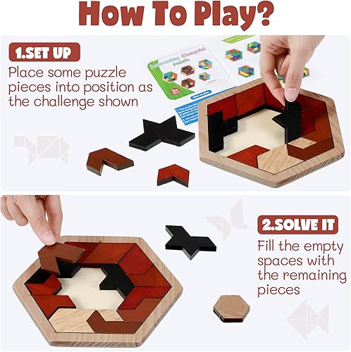 Miniatura 3 de Poen Paquete de 6 rompecabezas Tangram para niños y adultos rompecabezas de madera rompecabezas hexagonal rompecabezas bloques de juguete juego de