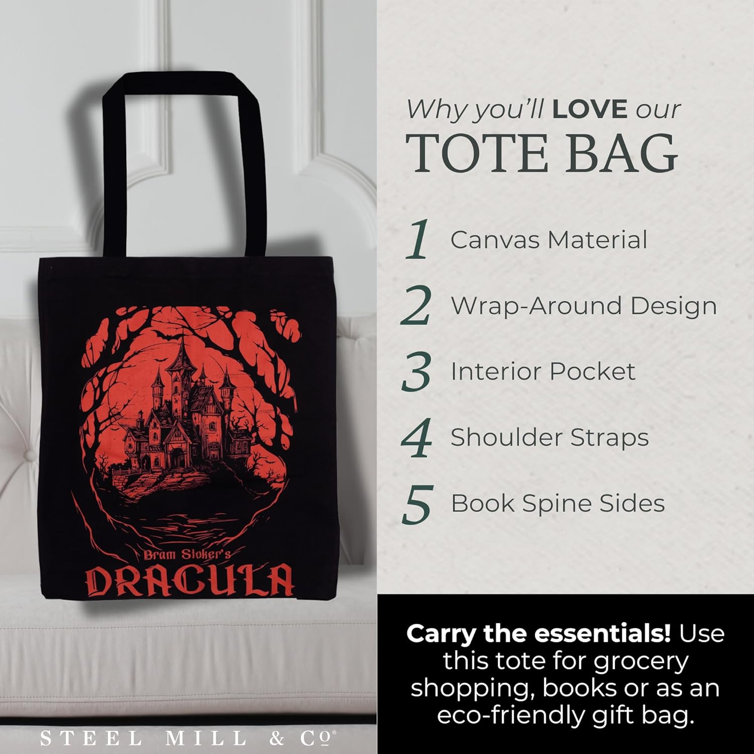 Steel Mill & Co Cute Canvas Tote Bag for Book Lovers, Bookish Reusable/Foldable Bag for Work/Groceries - Image 5