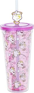 Silver Buffalo Disney Beauty and the Beast Chip Playing with Bubbles Plastic Cold Cup with Lid and Straw Topper, 24 Ounces