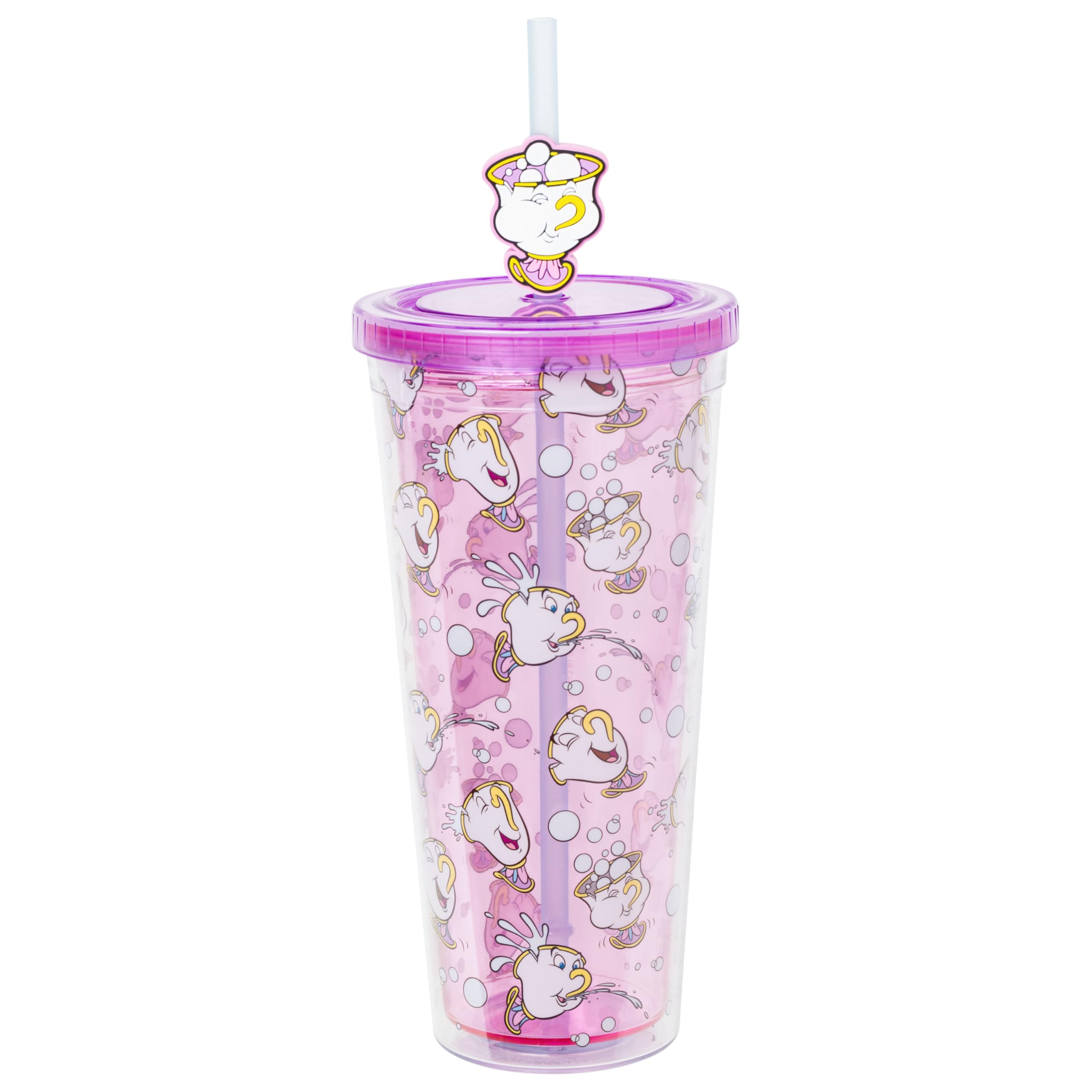 Silver Buffalo Beauty and the Beast Chip Bubbles Pattern 24oz Plastic Cold Cup w/Lid and Topper Straw — image 1