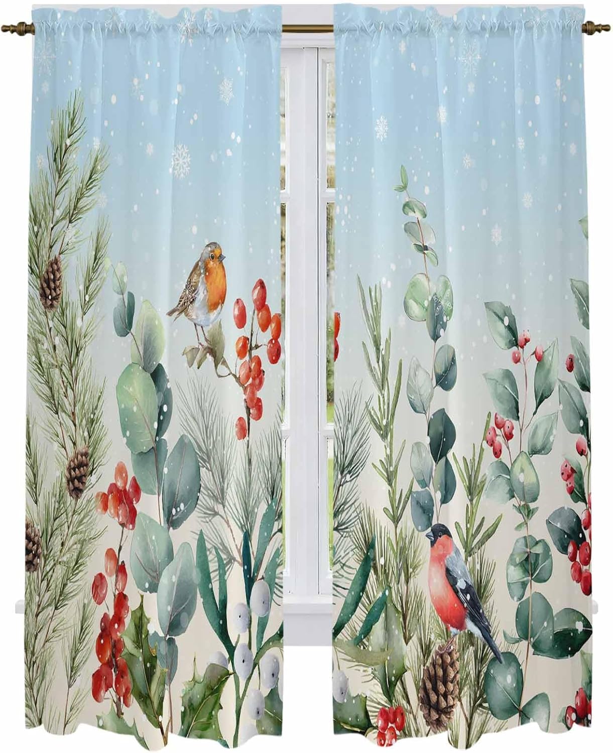 Blue Christmas Window Curtains 72 Inch Long 2 Panel Set, Rod Pocket Long Curtains & Drapes, Eucalyptus Leaves Xmas Botanical Birds Light Filtering Window Treatment for Bedroom Living Room 52"W x 72"L