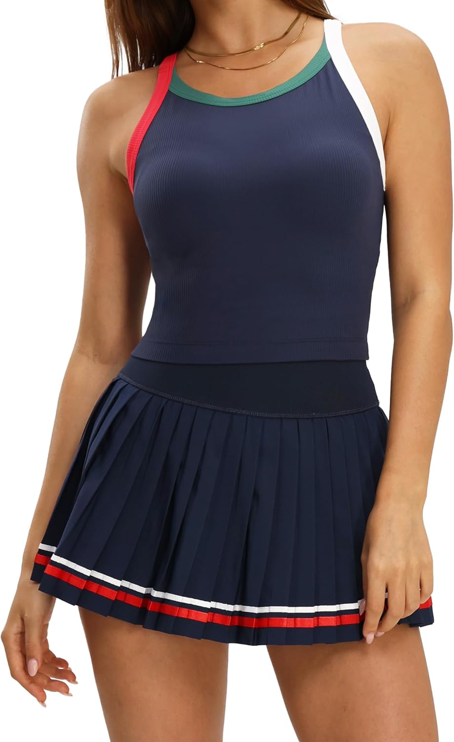 MEIVSO Womens Two Piece Tennis Skirt Set Racerback Sleeveless Golf Outfits Pleated Color Block Pickleball Dress with Shorts