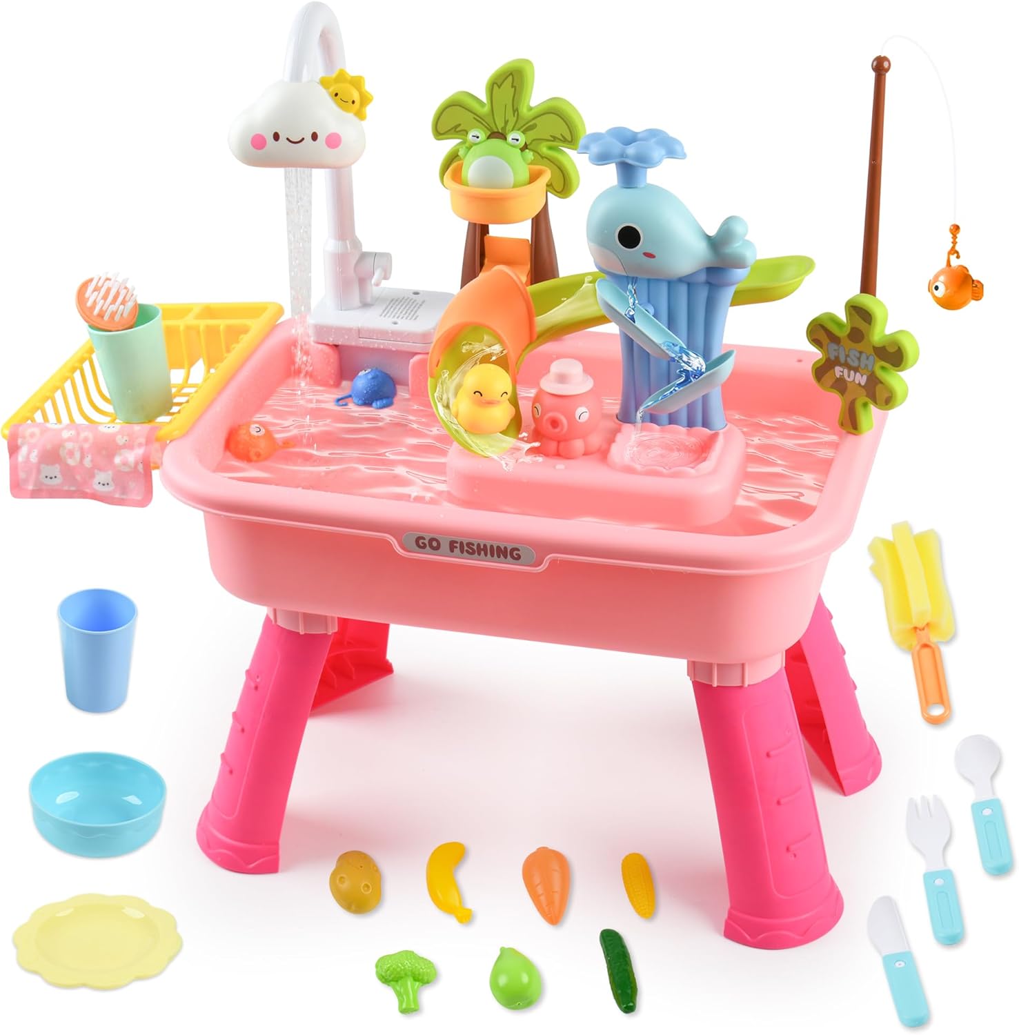 Hanyutom 2026 Upgraded Toddler Water Table with Electric Pump, Faucet, Fishing & Kitchen Toys - Pink Sensory Play for Ages 3+